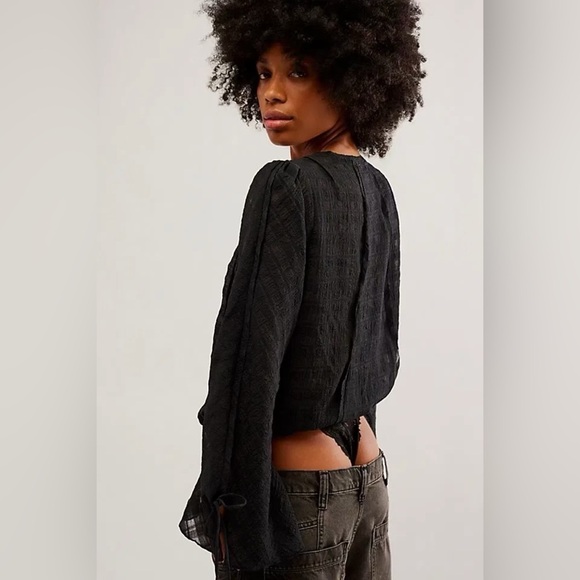 Free People Intimately Check Sheer Cinch Sleeve Bodysuit Black - Picture 2 of 8